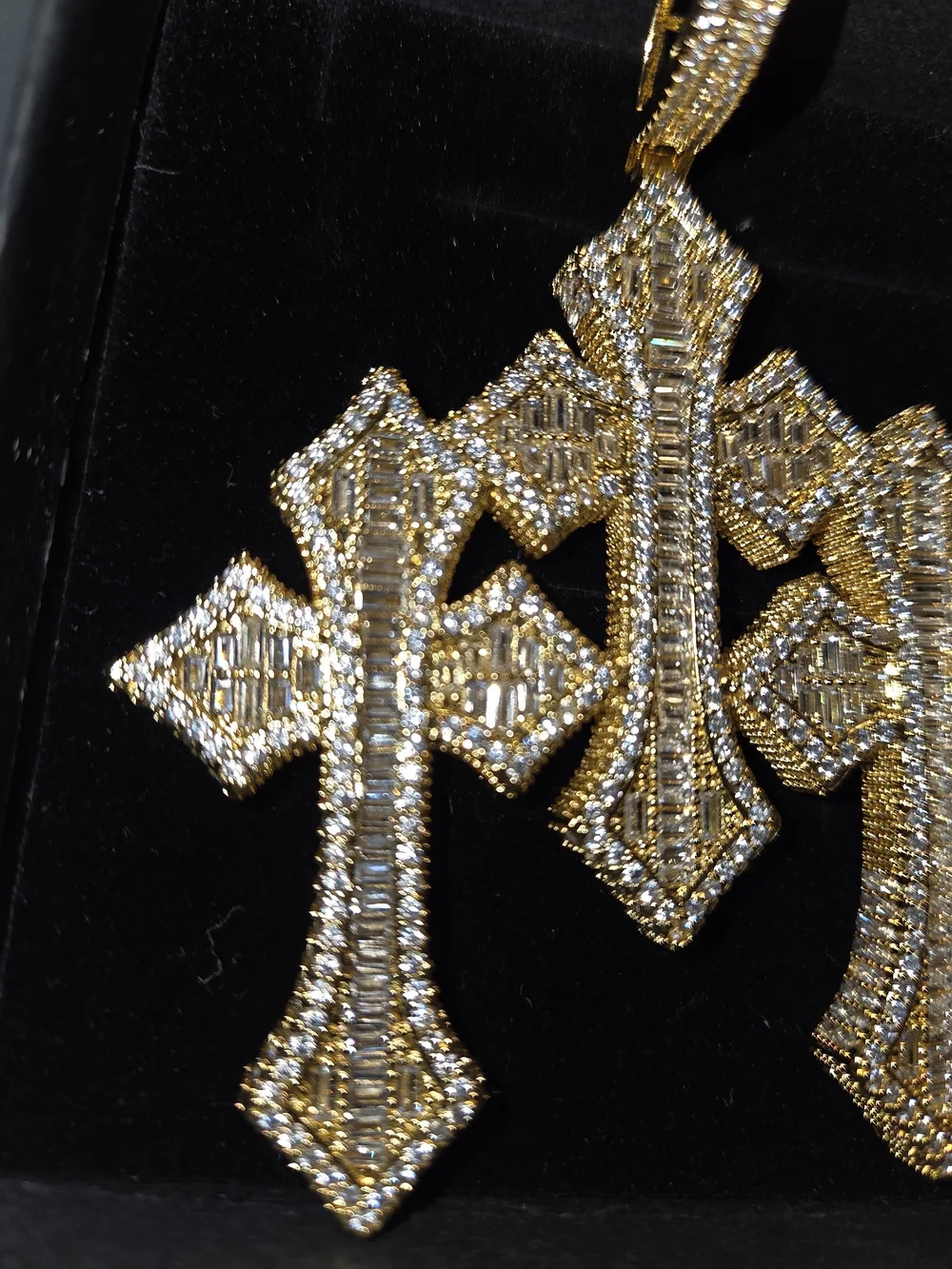 Iced Out Triple Cross Moissanite Pendant/14k Gold Vermeil Over 925 Sterlling NEW
